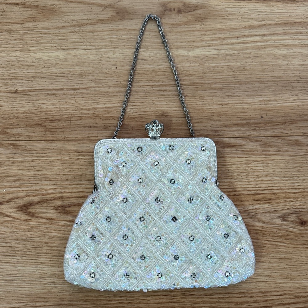 Vintage Beaded Seequin Ivory Evening Clutch with Silver Chain Handle Formal